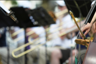 Close-up of musicians playing brass instruments and a double bass outdoors, with blurred background showing music stands and people in white shirts.