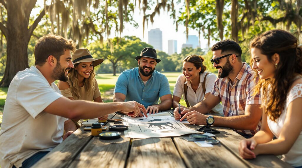 Five adults gather at a picnic table in a sunlit park, studying a map and cryptid sketch during a scavenger hunt, with moss-draped trees and distant office buildings in the background.