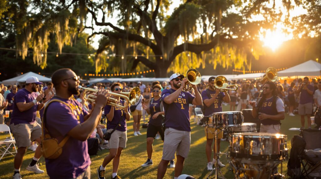 Diverse group of fans in purple and gold enjoying a live brass band performance at a lively tailgate, with people clapping and dancing on a grassy field under golden sunlight, surrounded by chairs, tents, and oak trees.