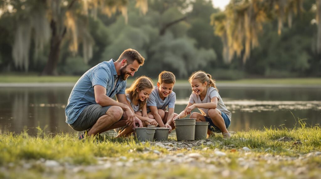 A family of four searches for shark teeth fossils on a grassy levee beside a muddy river, using hand sieves and buckets, with cypress trees and Spanish moss in the soft morning light.