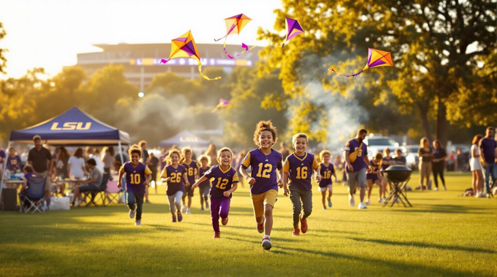 Children in purple and gold jerseys fly kites at a festive tailgate, with adults socializing by tents and a grill on a sunny field near a blurred stadium and trees.