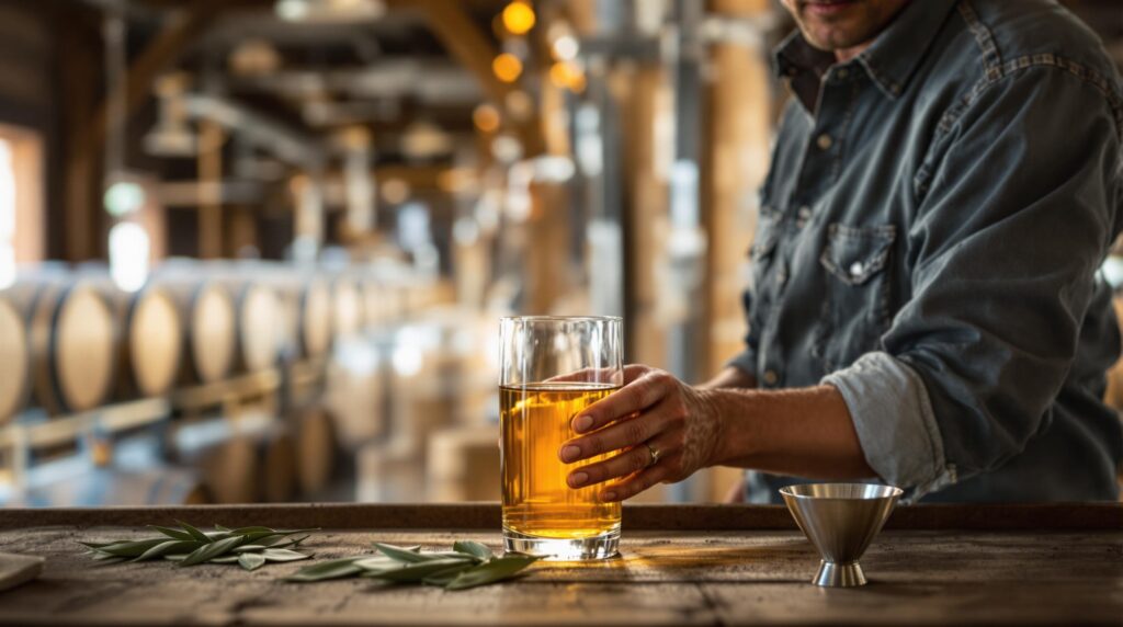 Master distiller draws tequila sample from oak barrel in a craft distillery, with agave leaves and wooden barrels in soft natural light.