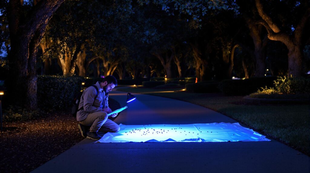 Field biologist examining moths at night on a glowing sheet in a Louisiana park, with live oaks and subtle path lighting in the background.