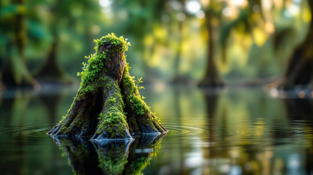 Close-up of a cypress knee covered in glowing green moss, surrounded by dew and reflected in calm swamp water, with soft morning light and blurred cypress trees in the background.