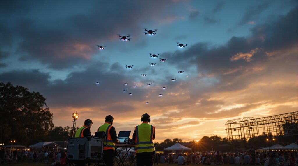 Drone technicians program LED drones at dusk during an outdoor light show, with a soft-lit sky and blurred crowd in the background.