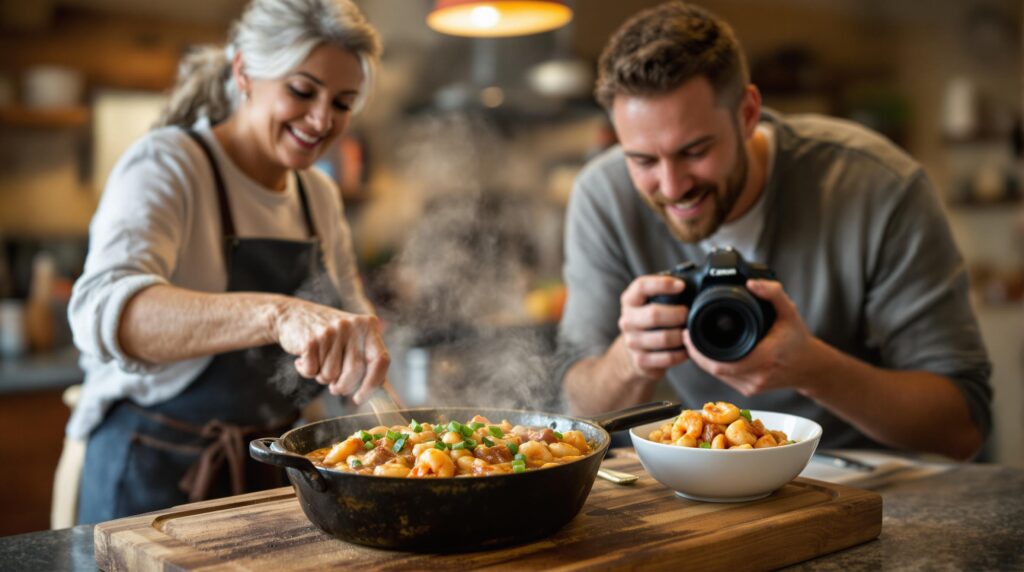 Two generations of a Cajun family prepare and photograph shrimp étouffée in a cozy, warmly lit kitchen, with a cast-iron skillet and garnished serving bowl on a rustic wooden board.