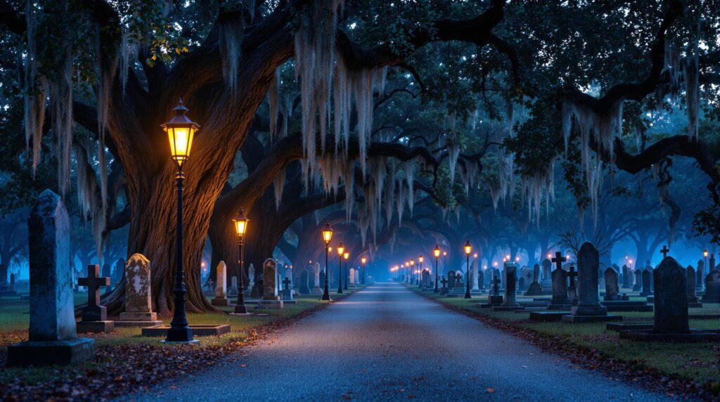 A misty southern cemetery at dusk with weathered gravestones, glowing lanterns, and oaks draped in Spanish moss, creating an eerie, atmospheric scene.