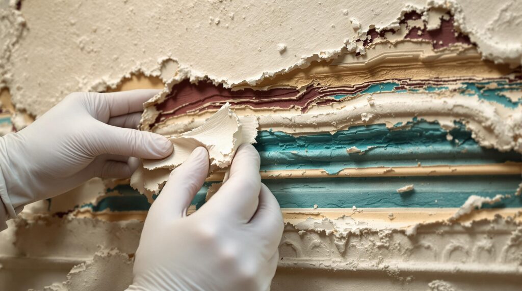 Gloved hands carefully lift peeling paint from an ornate plaster molding fragment, revealing multiple colorful layers, with a blurred neutral background in a conservation studio.