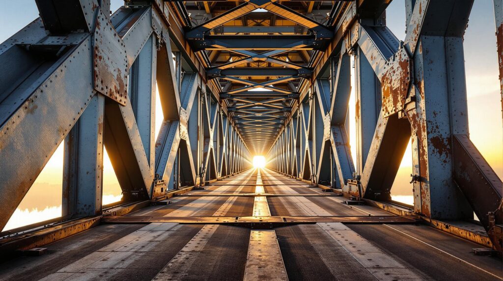 Interior view of a steel I-beam corridor inside a bridge, showing riveted girders and bracing in soft golden light with mist in the background, representing the industrial structure of the Huey P. Long Bridge in Baton Rouge.