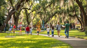 Children and parents walking along a tree-lined path, admiring colorful abstract sculptures in an outdoor art garden with soft sunlight and green surroundings.