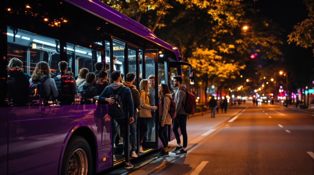 College students board a purple shuttle bus on a tree-lined city street at night, with warm streetlights and nightlife in the background.