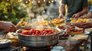 Hands gather around a rustic outdoor table piled with steaming red crawfish, corn, and potatoes at a spring backyard boil in Baton Rouge, with warm sunlight and blurred green foliage in the background.