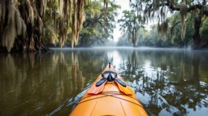 A kayaker sits on calm bayou water with a snorkel mask and fins resting on the kayak, surrounded by cypress trees and Spanish moss, in a misty, natural wetland setting.