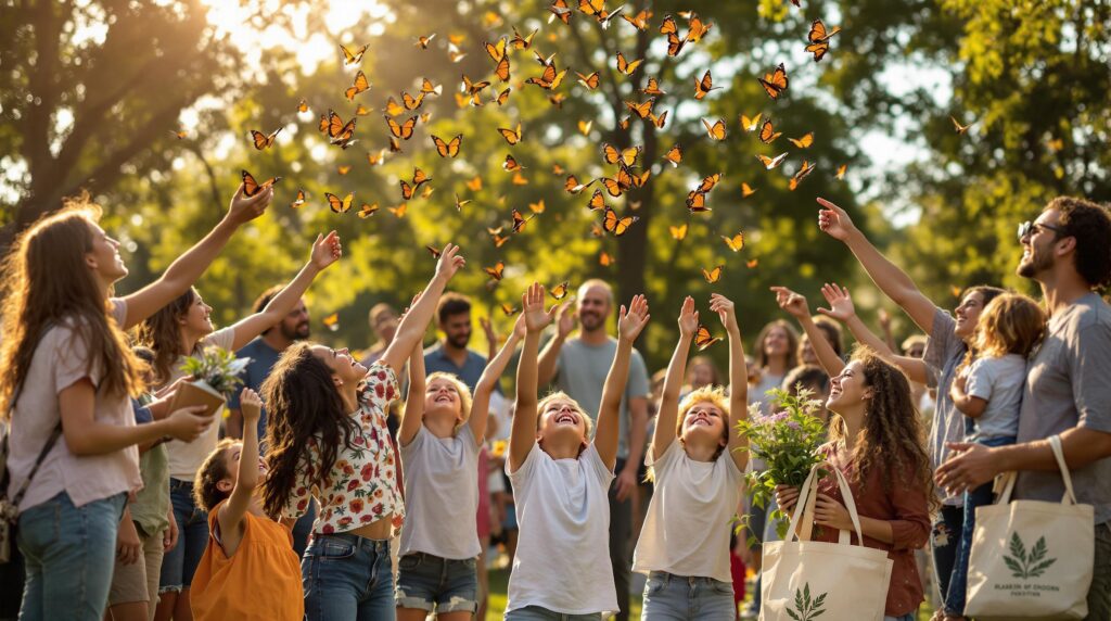 Families and children release monarch butterflies outdoors, celebrating Earth Day with joyful expressions under warm sunlight, surrounded by green foliage and eco-friendly items.