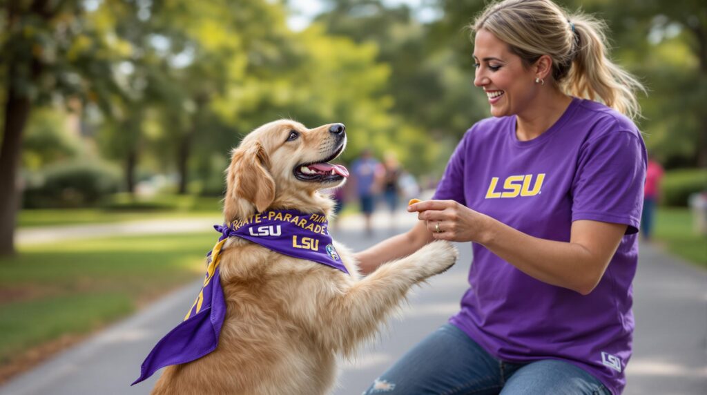 Golden retriever in a purple and gold bandana standing on hind legs while a trainer in a purple shirt offers a treat, with soft greenery in the background.