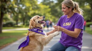 Golden retriever in a purple and gold bandana standing on hind legs while a trainer in a purple shirt offers a treat, with soft greenery in the background.