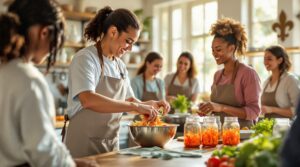 Adults learn to make kimchi in a modern kitchen, guided by an instructor mixing vegetables, with bright light and Louisiana-inspired decor in the background.