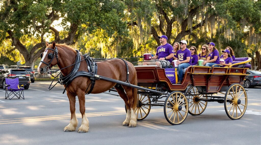 College football fans in purple and gold board a horse-drawn carriage in a shaded parking area with live oak trees and Spanish moss, preparing for game day in Baton Rouge.