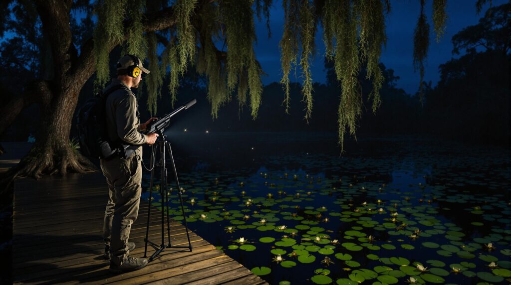 Wildlife sound recordist with headphones and microphone stands on a wooden boardwalk at night, capturing frog chorus in a southern Louisiana wetland surrounded by cypress trees, lily pads, and drifting fireflies.