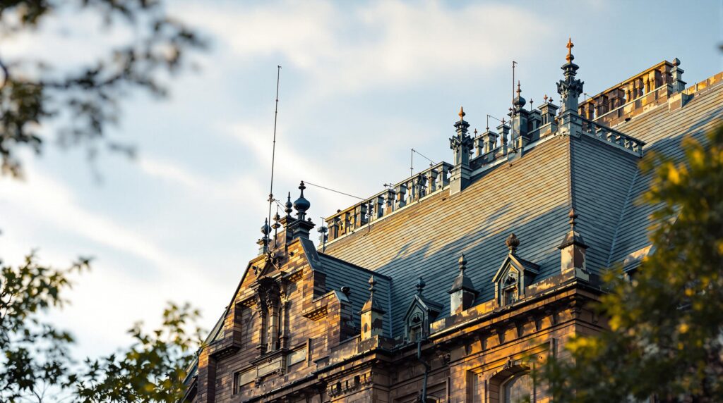 Close-up view of a historic building’s slate roof with multiple green copper lightning rods and cables under a blue sky, sunlight highlighting the architectural details.