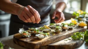 Chef plating fresh Calcasieu oysters with microgreens and citrus on a wooden board in a softly lit kitchen.