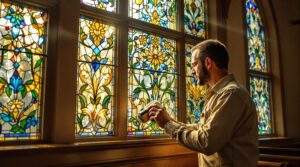 Conservator polishes restored Tiffany-style stained glass window in sunlit historic church, colorful patterns glowing as sunlight streams through, with blurred wooden pews in the background.