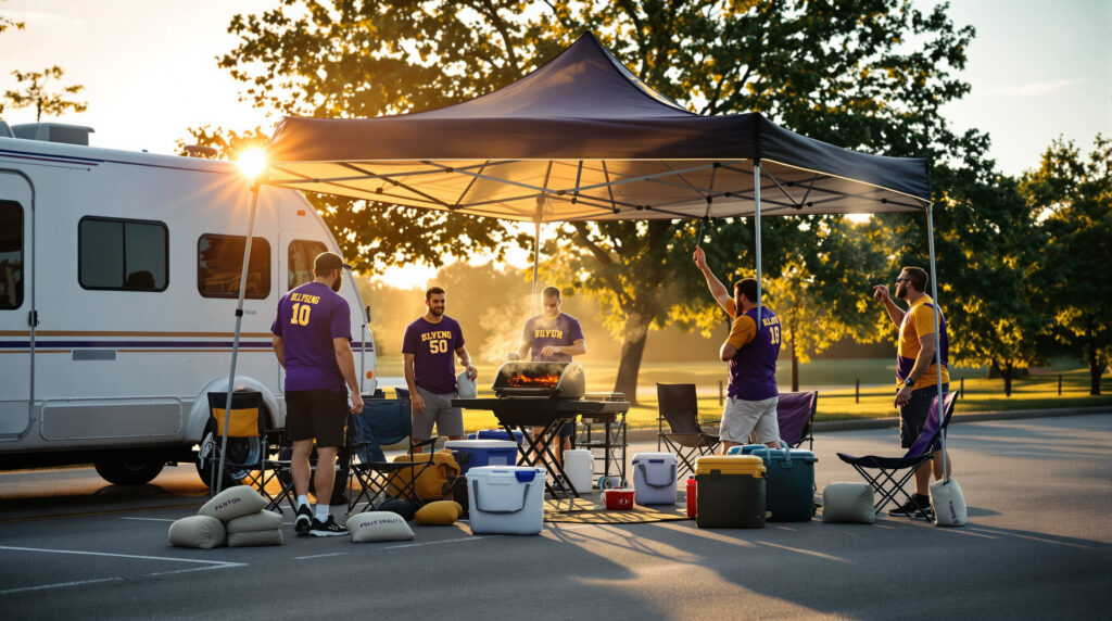 Group of college football fans setting up a pop-up canopy for shade next to an RV at a tailgate, with coolers, folding chairs, and a grill under late afternoon sun