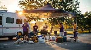 Group of college football fans setting up a pop-up canopy for shade next to an RV at a tailgate, with coolers, folding chairs, and a grill under late afternoon sun