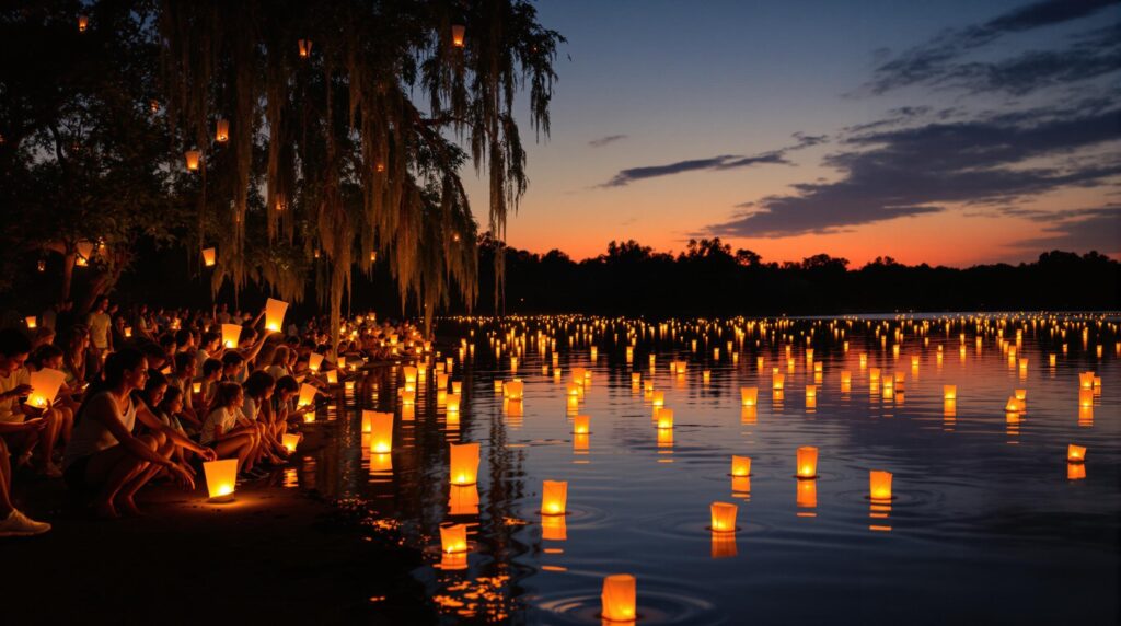 People releasing glowing lanterns onto a calm lake at dusk, with warm reflections on the water and trees silhouetted against a colorful evening sky.