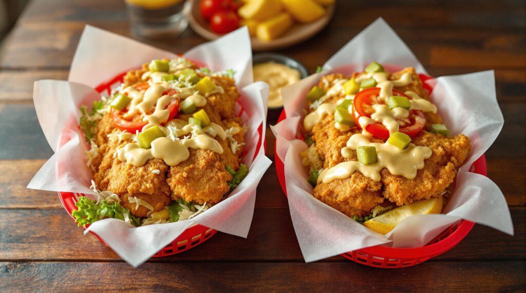 Two catfish po’ boy sandwiches in red baskets on a wooden table, one with wild-caught and one with farm-raised fried fillets, topped with lettuce, tomatoes, pickles, and remoulade, with lemon wedges and tartar sauce, softly lit in a casual dining setting.