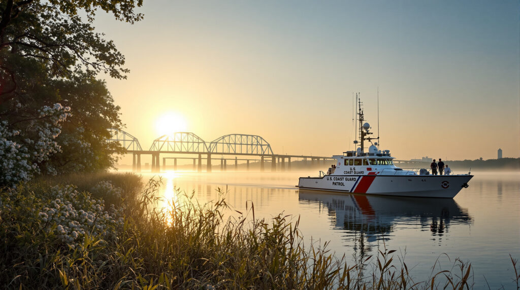 U.S. Coast Guard patrol boat near grassy Mississippi River bank at sunrise with mist over calm water and blurred bridge in background