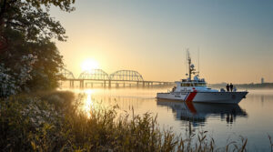U.S. Coast Guard patrol boat near grassy Mississippi River bank at sunrise with mist over calm water and blurred bridge in background