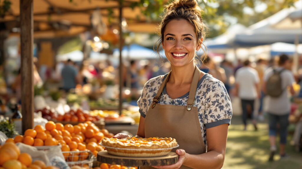 Market vendor in linen apron presenting a Creole persimmon pie at an outdoor weekend market, with produce stalls and shoppers softly blurred in the background.