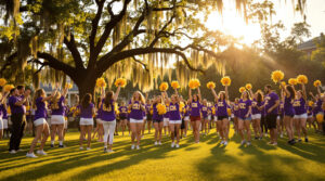 Students in purple and gold cheer at a college pep rally on a sunny lawn, waving pom-poms near a drumline with oak trees and Spanish moss in the background.