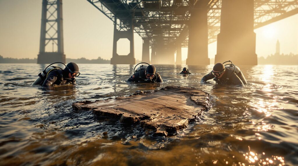 Underwater archaeologists in scuba gear examine a partially buried wooden riverboat on the muddy Mississippi River floor near an indistinct steel bridge, with soft morning light and silt particles drifting in the water.