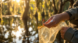 Volunteer tagging a monarch butterfly at a Louisiana swamp with cypress trees and Spanish moss in the background, using a mesh net and gentle hands under golden sunlight