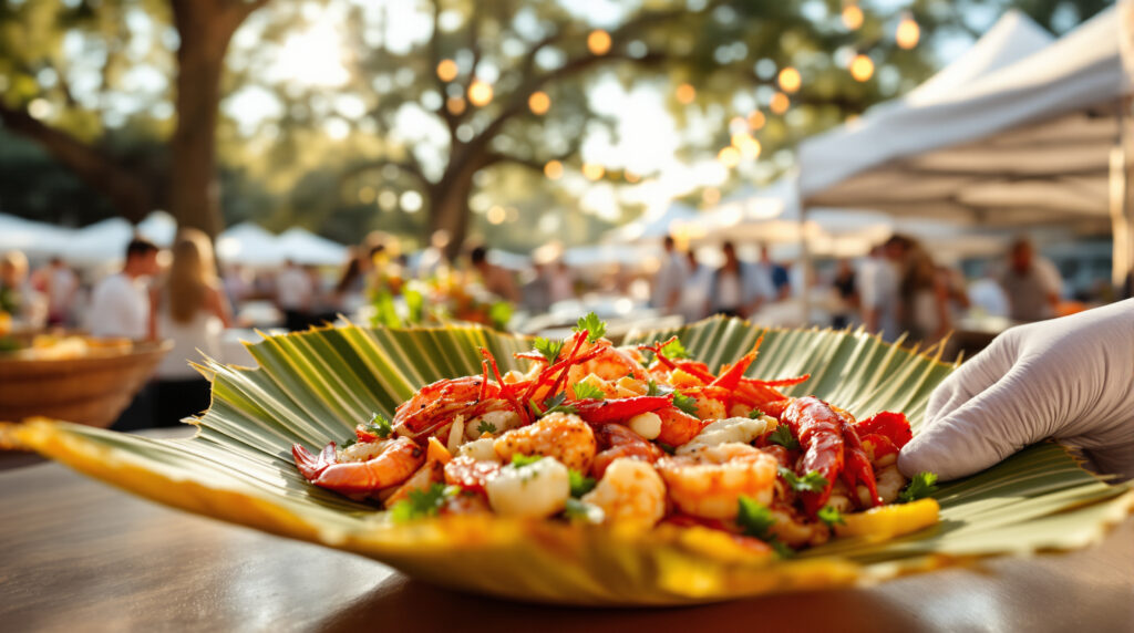 Chef plating grilled shrimp, seared oysters, and crawfish into a biodegradable tray at a Baton Rouge outdoor food festival, with blurred tents and oak trees in the background.