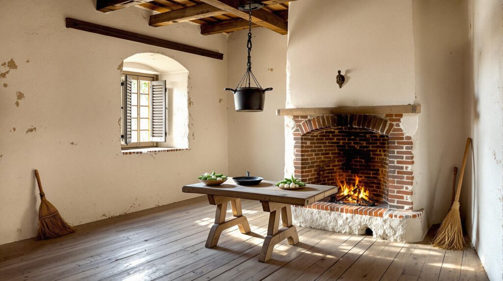 Restored 18th-century tabby kitchen interior with oyster-shell walls, exposed beams, brick hearth, and rustic cooking tools in soft morning light.