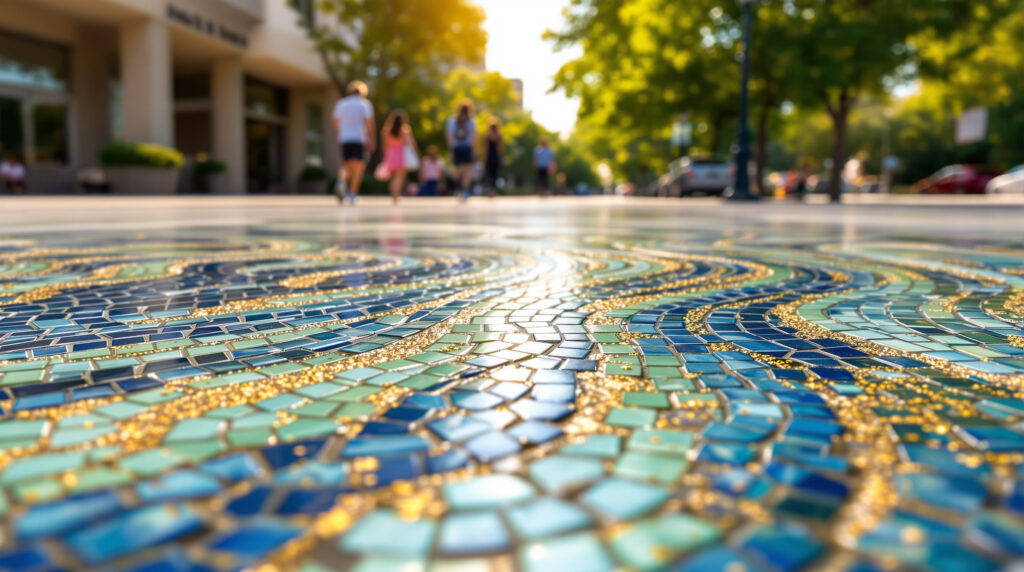 Close-up of colorful mosaic pavement with blue and green river patterns, gold accents, and blurred pedestrians in the background on a sunny day.