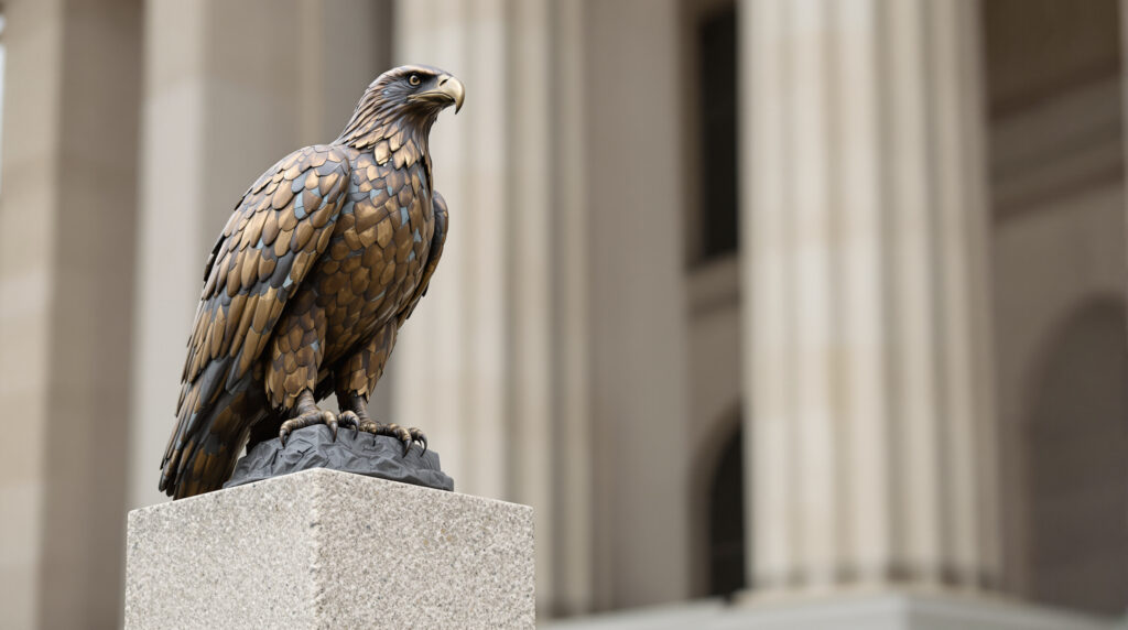 Close-up of a weathered eagle statue with bronze-colored patina and exposed lighter metal, perched on an unmarked stone pedestal against a blurred, generic stone background.