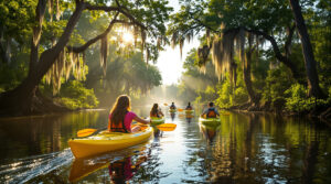 Three friends paddle colorful kayaks on a calm, tree-lined bayou surrounded by lush greenery and cypress trees in warm afternoon light.