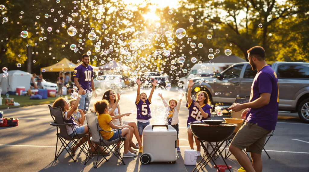 Families and children enjoy bubbles from a machine at a lively LSU-themed tailgate, with people wearing purple and gold, grilling, and relaxing under tents in a generic parking lot.