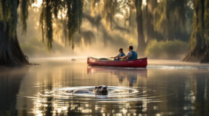 Two people in a red canoe paddle through a misty bayou at dawn, with Spanish moss hanging from cypress trees and an otter surfacing in the foreground.