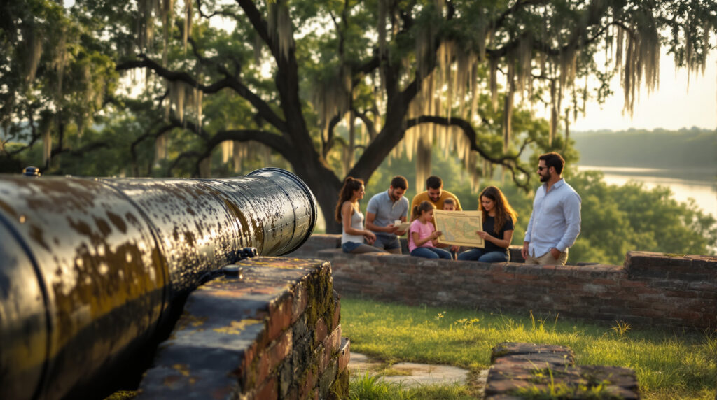 A diverse family with a tour guide examines a vintage map near a weathered Civil War cannon on a grassy earthwork, surrounded by mossy live oak trees and a hazy river skyline in Baton Rouge.