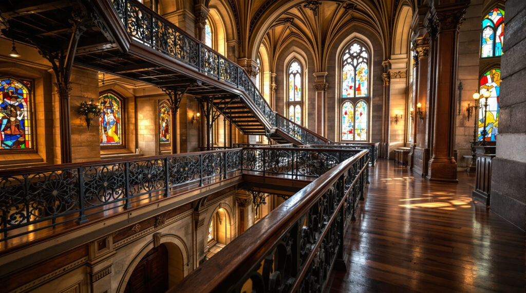 Ornate iron catwalk above a grand hall in a historic building, sunlight shining through stained glass windows onto stone walls and wooden floors