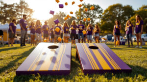 College students playing custom purple and gold cornhole at a festive LSU-themed tailgate, with bean bags mid-air, drinks in hand, and a grassy, sunlit lot in the background.