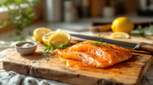 Freshly sliced smoked salmon gravlax arranged on a rustic wooden cutting board, garnished with dill, lemon wedges, and Cajun seasoning, with a ramekin of sea salt and a chef’s knife nearby in a softly lit, home kitchen setting.