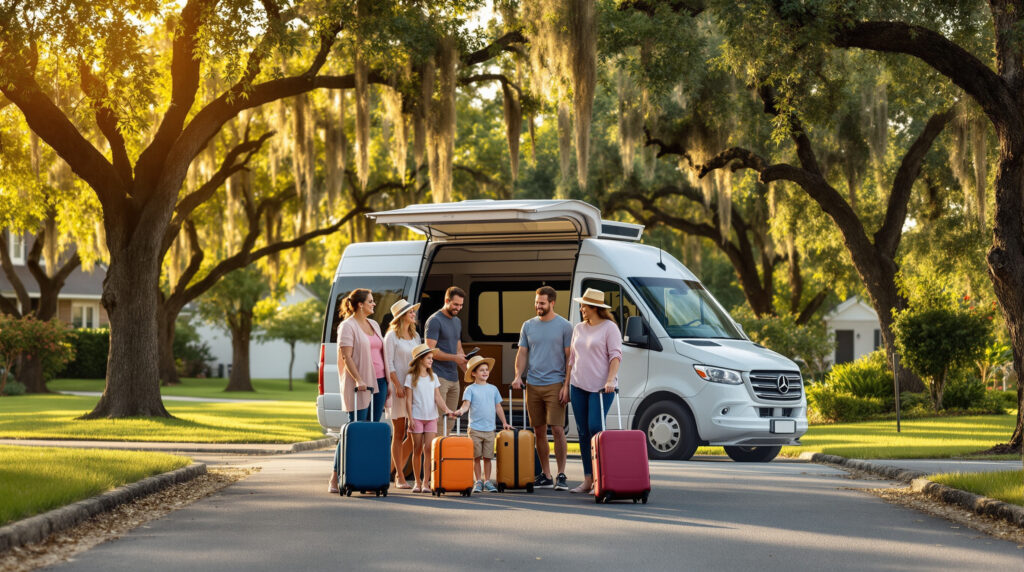 Multi-generational family smiling as they load luggage into a white tour van on a tree-lined Baton Rouge street during golden hour