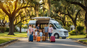 Multi-generational family smiling as they load luggage into a white tour van on a tree-lined Baton Rouge street during golden hour