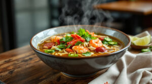 Close-up of a steaming pho bowl with crawfish, andouille sausage, fresh herbs, lime wedges, and jalapeños on a wooden table, with a linen napkin and blurred restaurant background.
